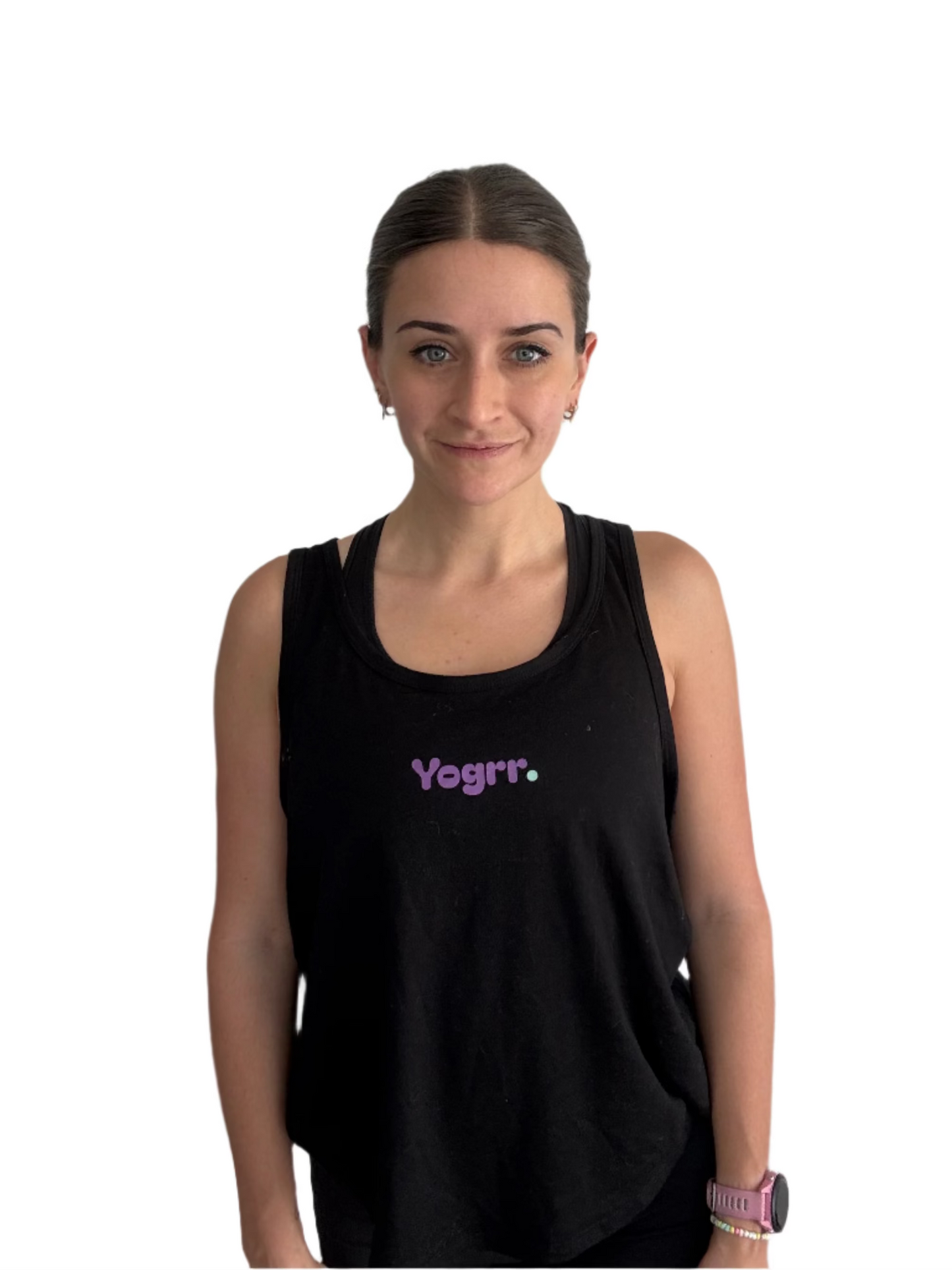 Woman wearing a black tank top with 'Yogrr' text on a plain background