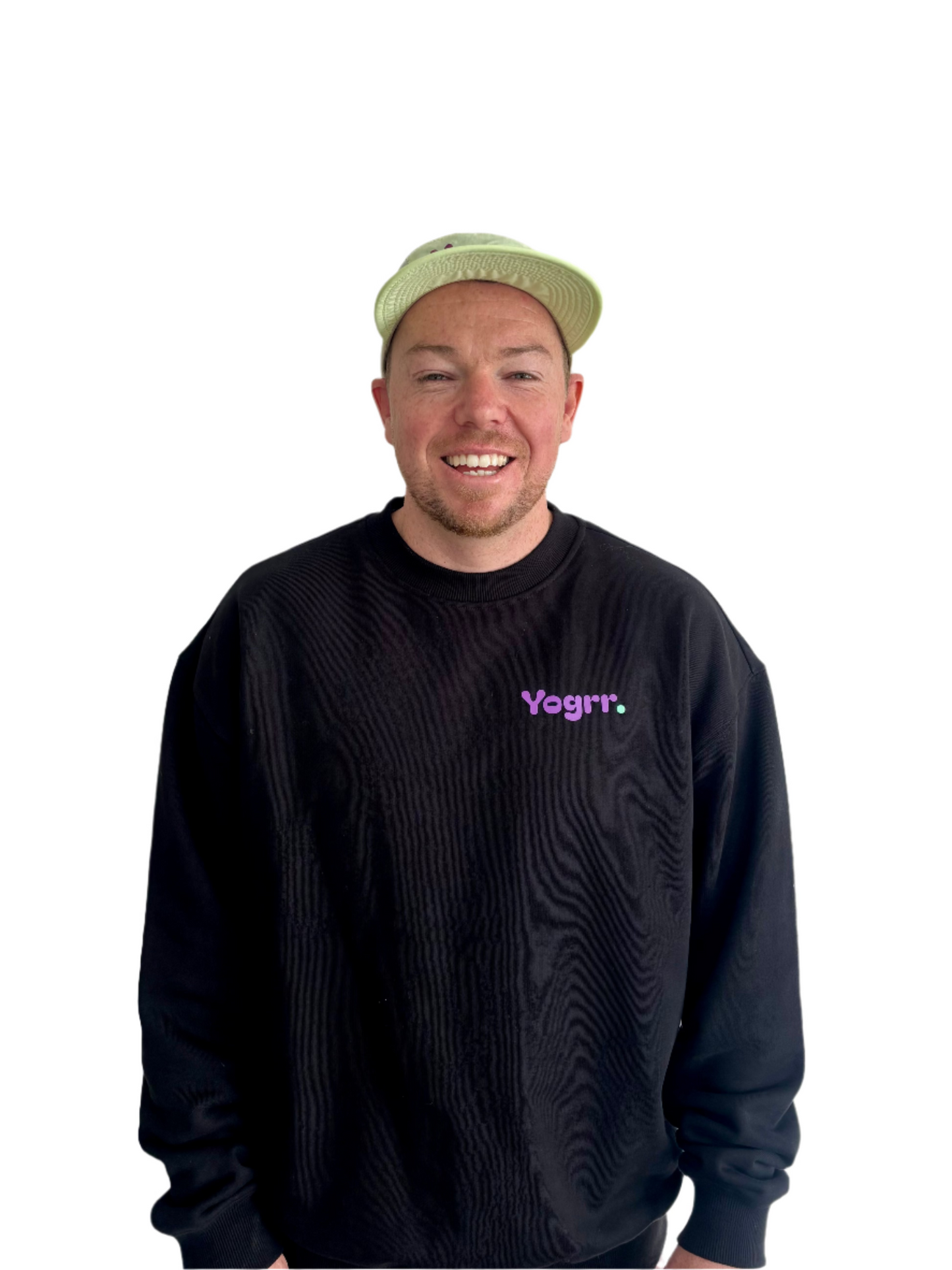 Man wearing a black sweatshirt with 'Yogrr' logo against a plain background