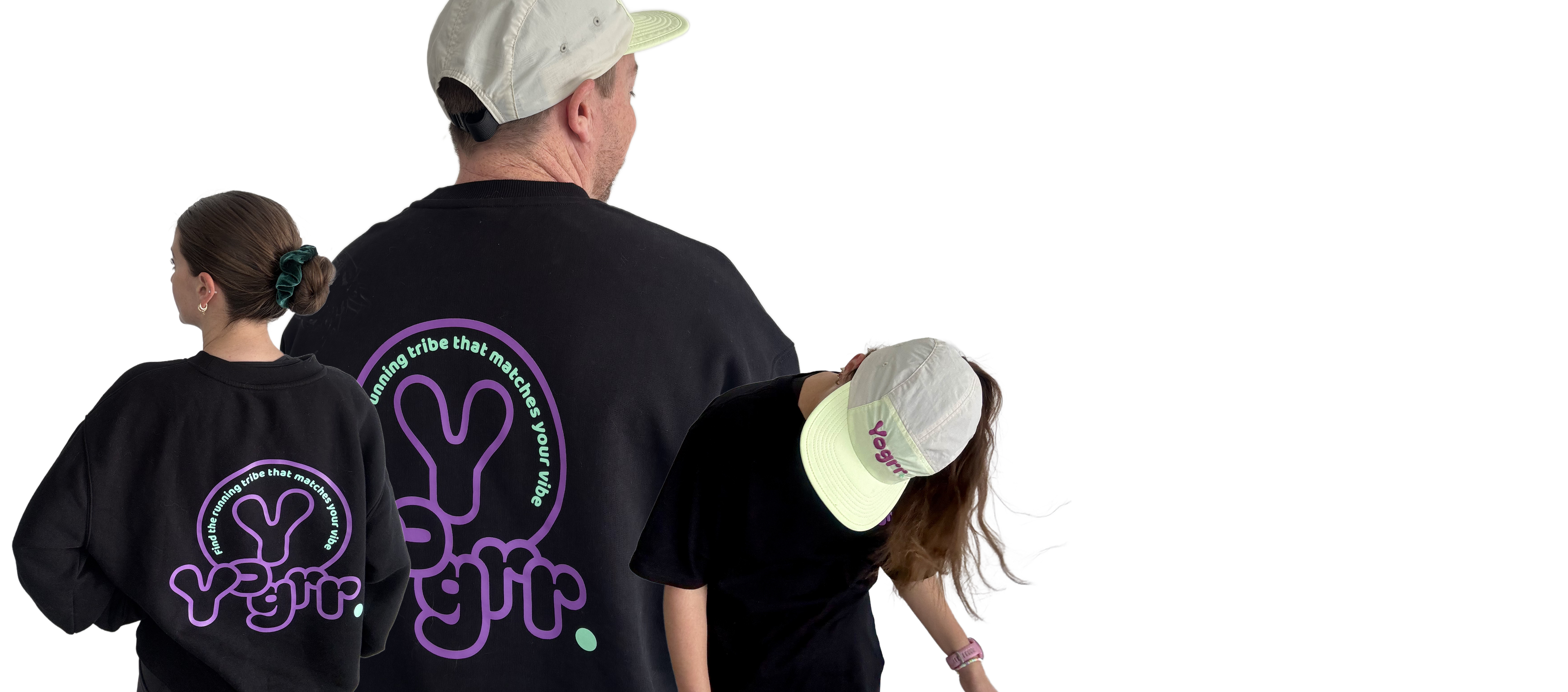 Two people wearing black t-shirts with a logo on the back, standing against a white background.